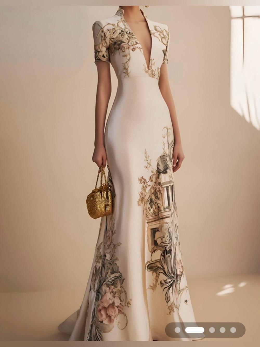 Ivory Floral-Print V-Neck Maxi Dress